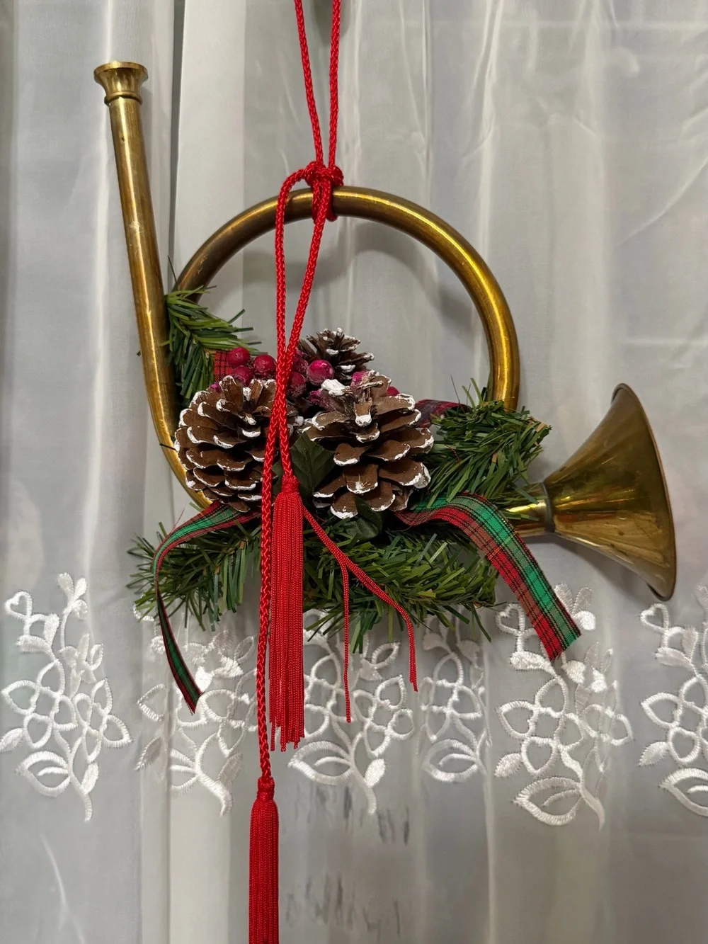 Holiday Brass Horn Ornament with Pinecone and Red Tassel